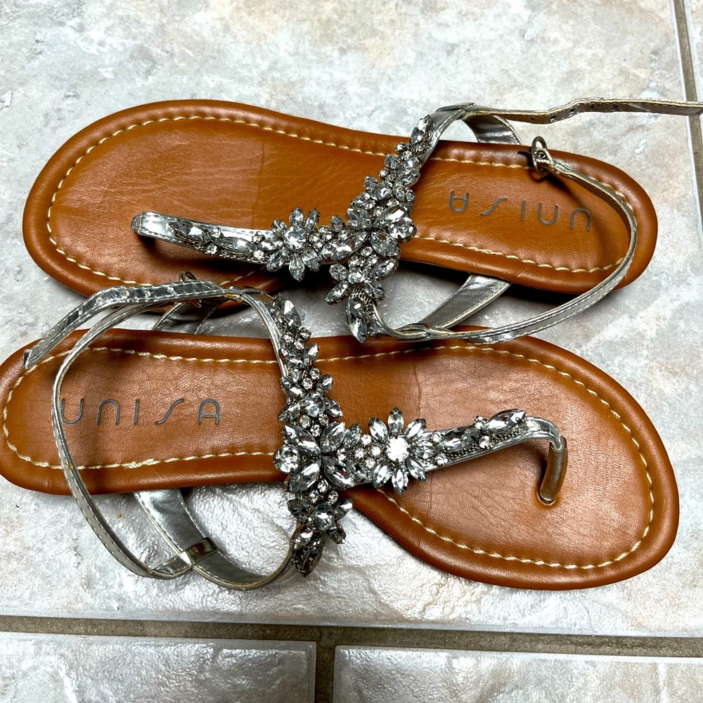 Unisa silver sandals with crystals. Size 6. Slightly worn. 1” wedge heel.